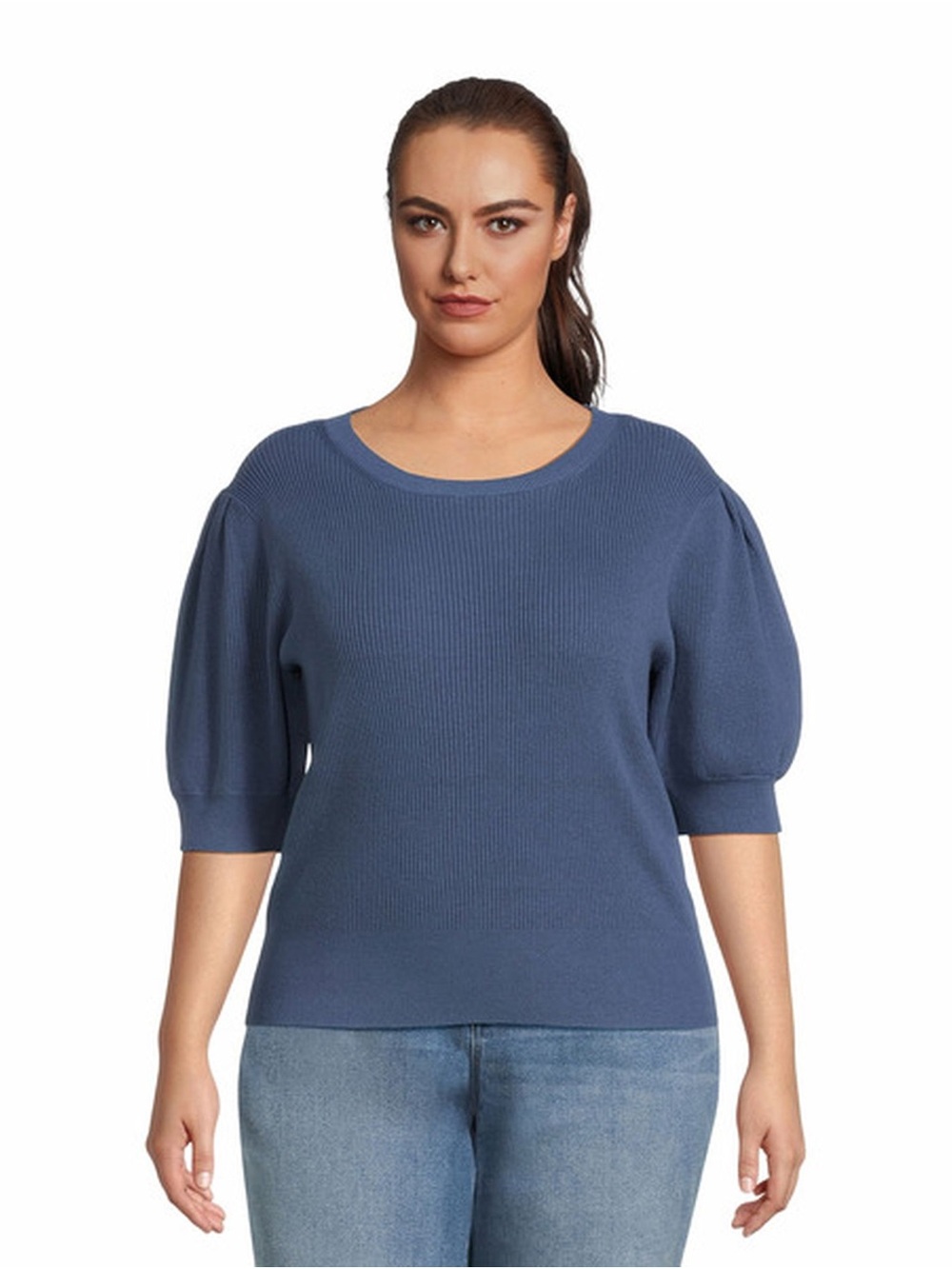 Terra & Sky Blue Puff Sleeve Scoop Neck Sweater